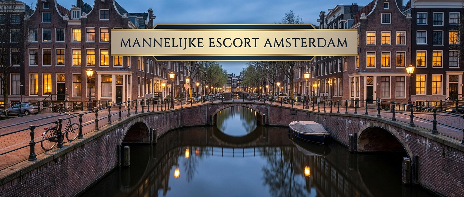 Amsterdamse grachten met banner over mannelijke escort gigolo