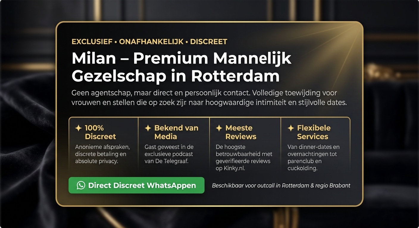 Luxe informatiebanner van independent gigolo Milan in Rotterdam voor premium mannelijk gezelschap en escortservices voor vrouwen en stellen.