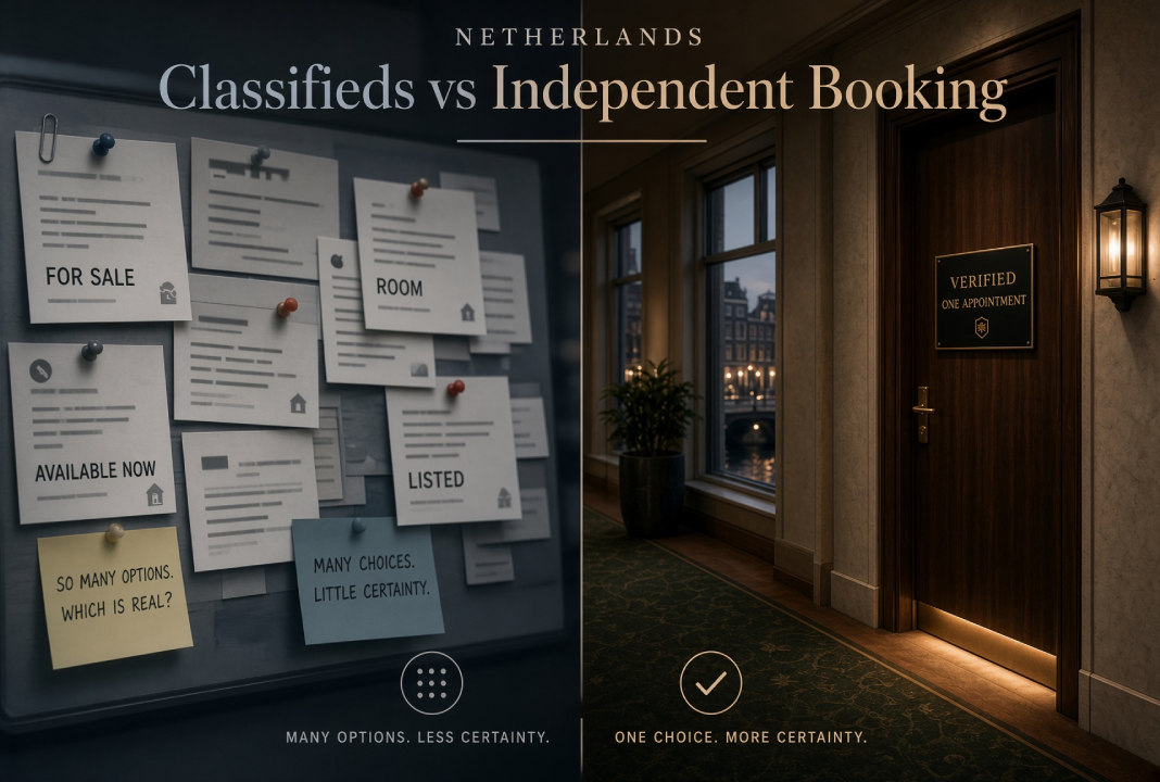 Informational banner comparing Dutch classified ads with booking one independent male escort at a hotel in the Netherlands