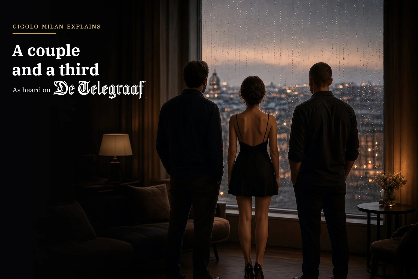 A couple and a third man, seen from behind at a hotel window, threesome with a male escort in the Netherlands