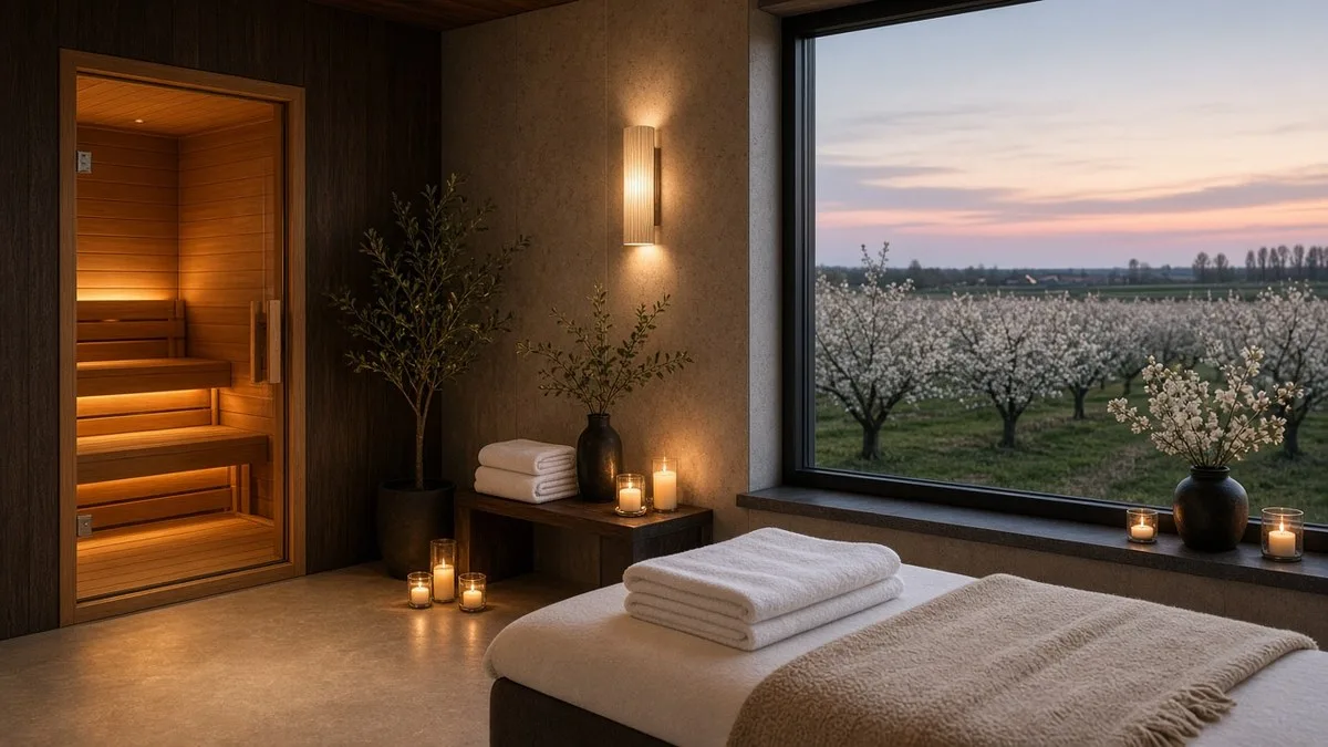 Rustige wellnessruimte met een verlichte sauna, opgevouwen witte handdoeken en kaarsen, met door het raam een bloeiende boomgaard bij schemering