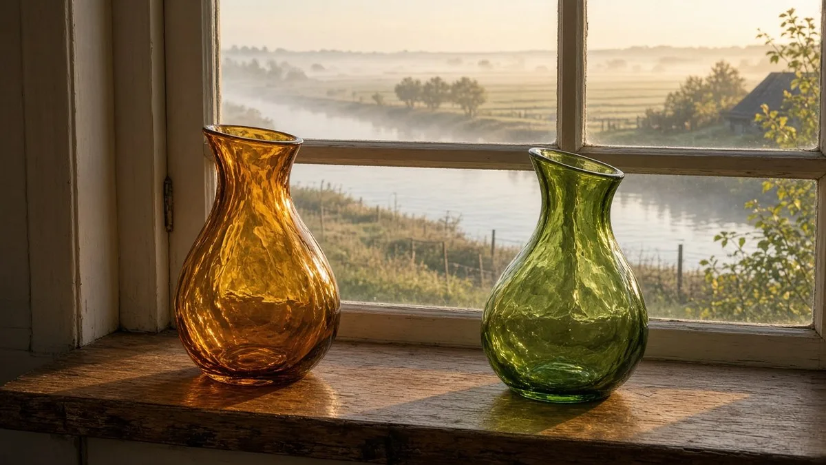 Twee handgeblazen glazen vazen in amber en groen op een houten vensterbank, met buiten een mistige polder en de Linge bij zonsopkomst