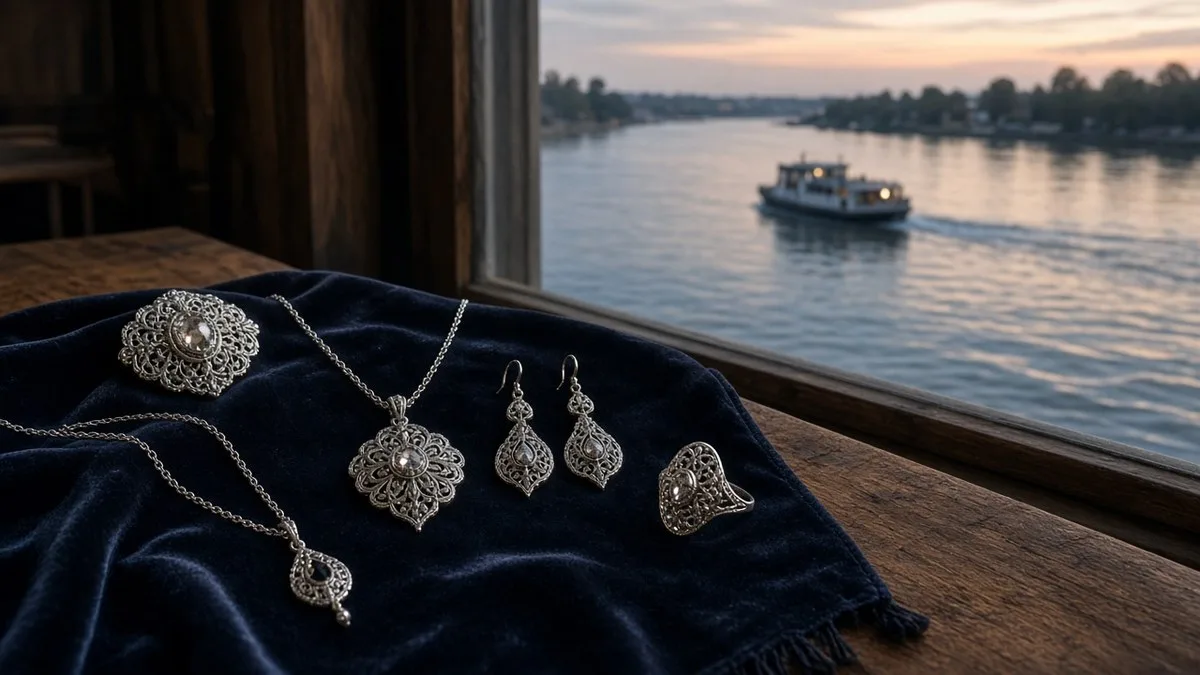Fijne zilveren filigraansieraden op donker fluweel bij een raam, met uitzicht op de Lek en een veerpont in de schemering