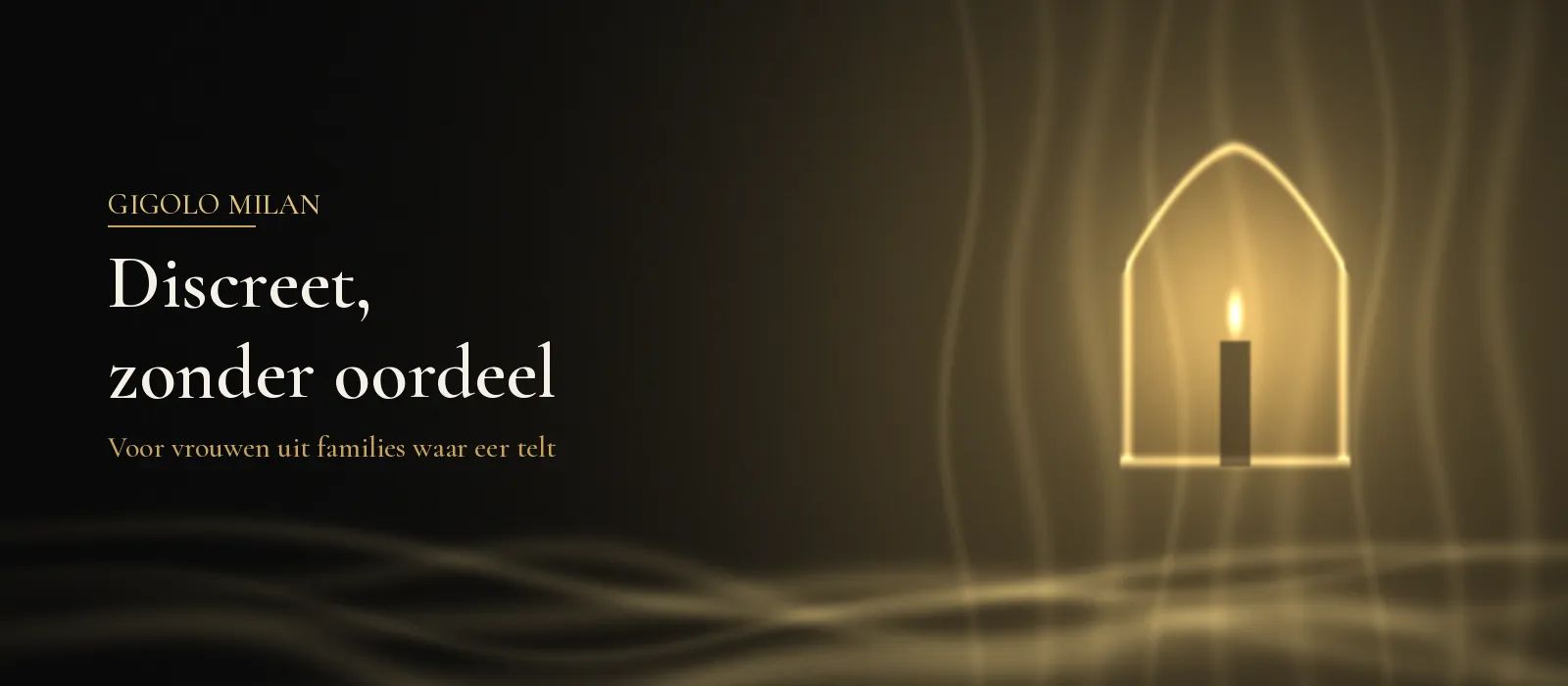 Abstract sfeerbeeld met een brandende kaars in een gouden lichtboog en zachte gordijnplooien op een donkere achtergrond, bij discreet een gigolo boeken