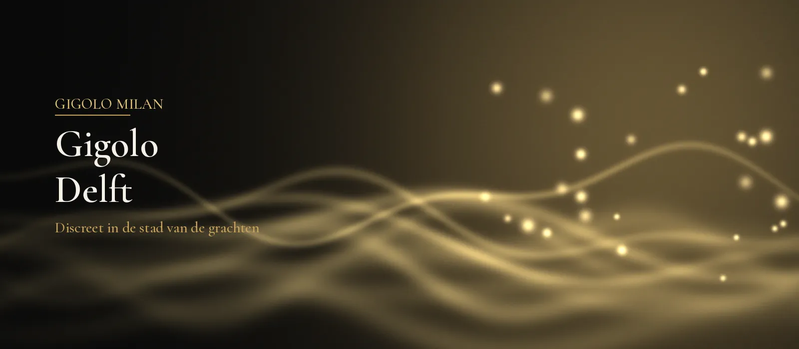 Abstract sfeerbeeld met kleine gouden lichtjes en zachte golvende lijnen op een donkere achtergrond, bij gigolo Delft