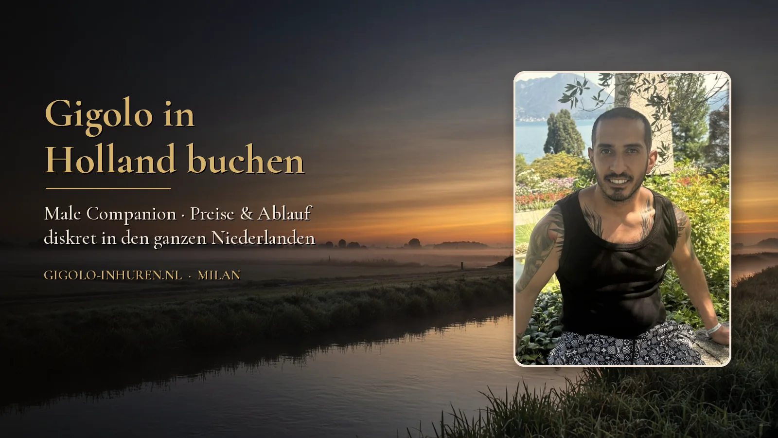 Gigolo Milan, Male Companion in Holland, lächelnd im Garten, vor einer holländischen Landschaft mit Windmühle bei Sonnenuntergang