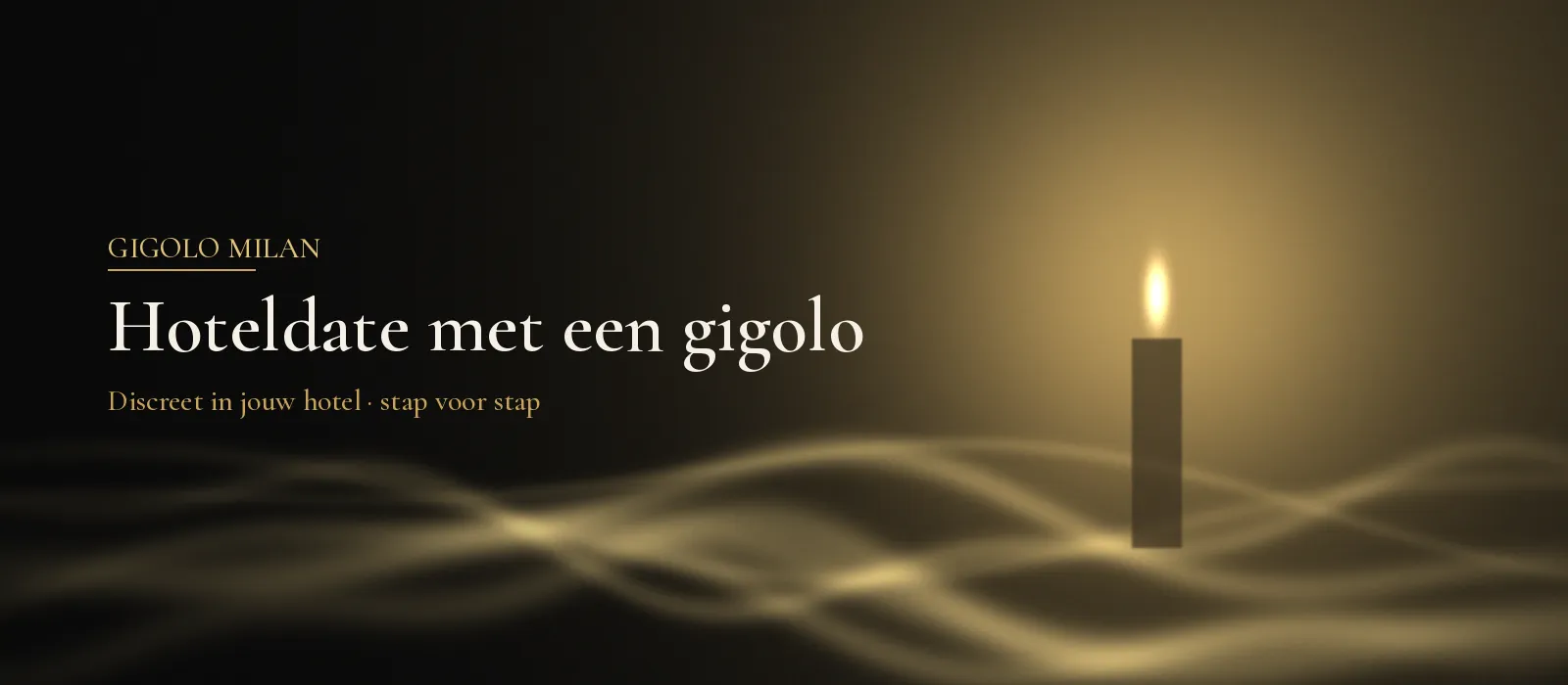 Abstract sfeerbeeld met één brandende kaars en zachte gouden zijden lijnen op een donkere achtergrond, bij hoteldate met een gigolo