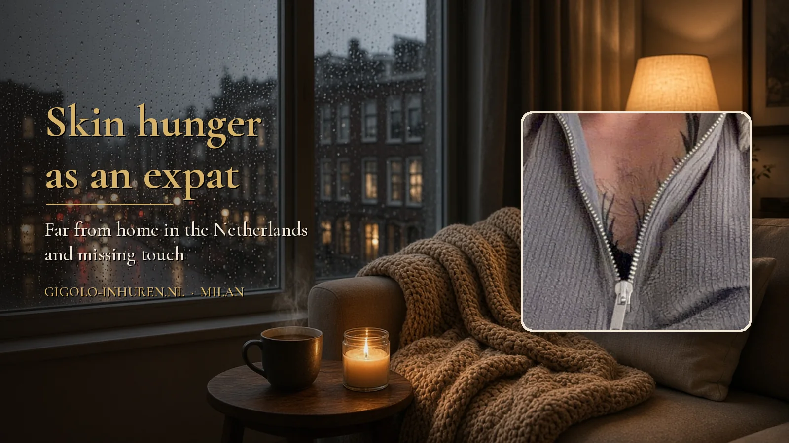 A cosy apartment on a rainy Dutch evening with a blanket and candle, with a face-free photo of Milan in a grey knitted sweater