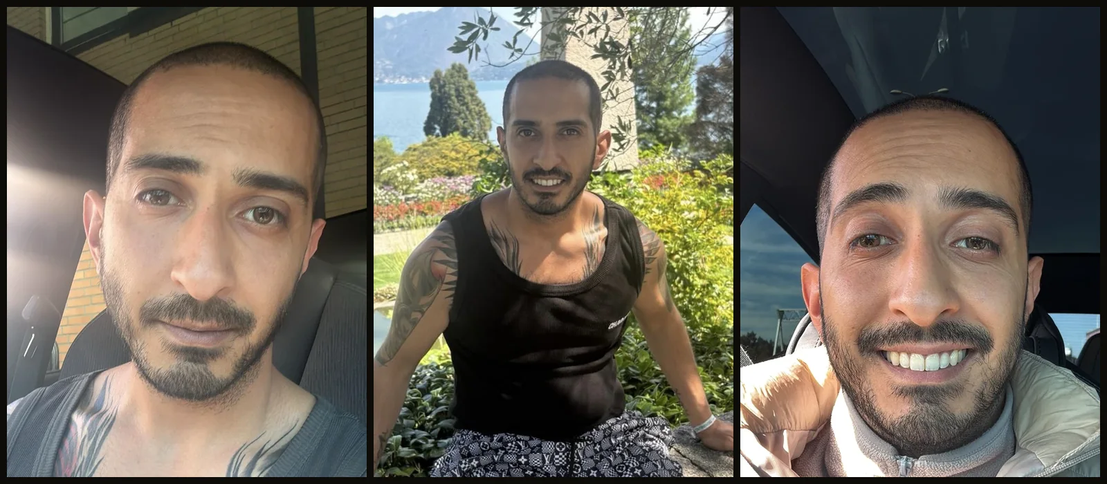 Drei Fotos von Milan, unabhängiger Male Escort und Gigolo in den Niederlanden: zwei Selfies im Auto und eines in einem Garten am See