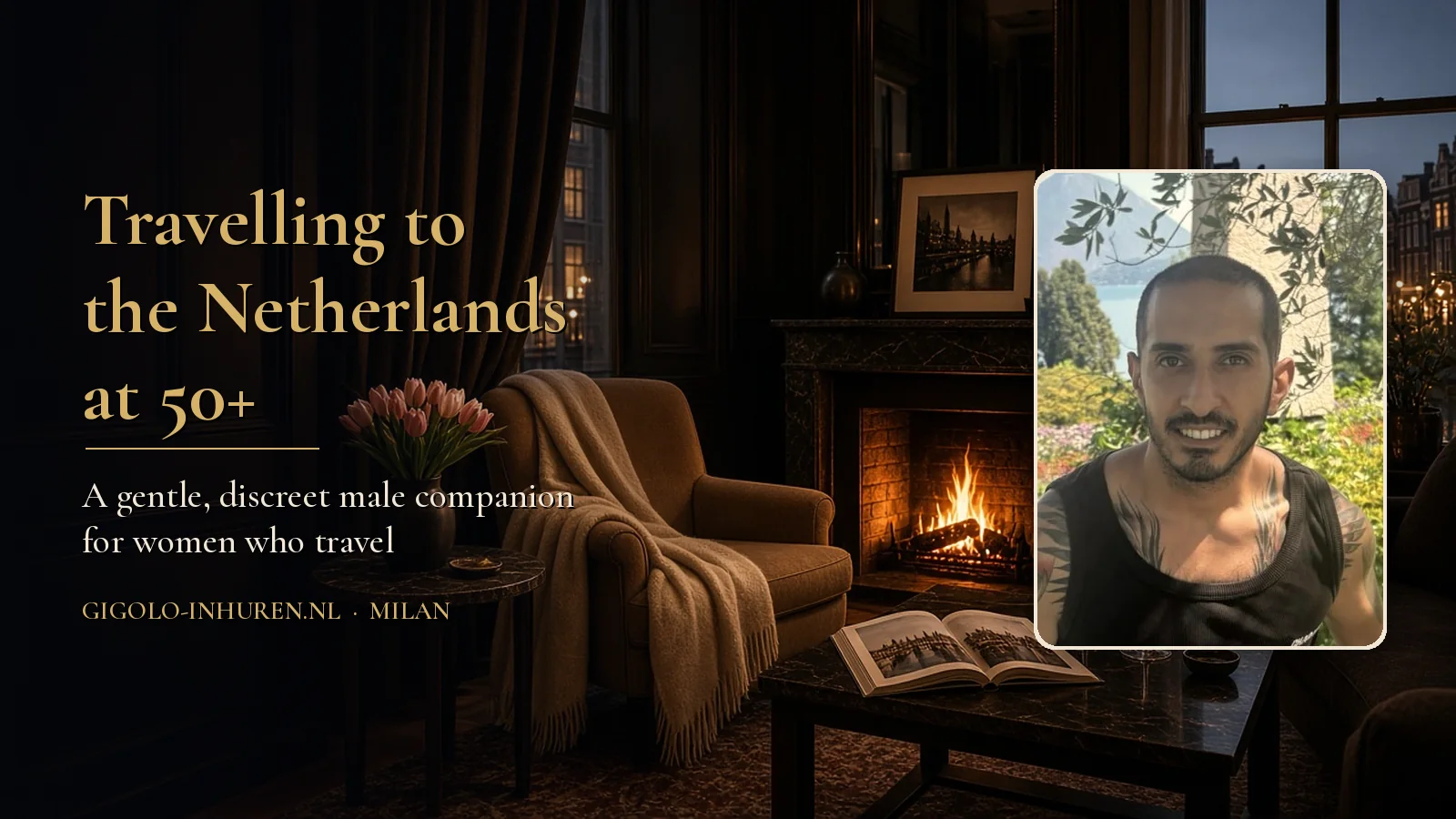 Milan, a gentle and discreet male companion, smiling, in a warm Dutch hotel lounge with a fireplace and tulips